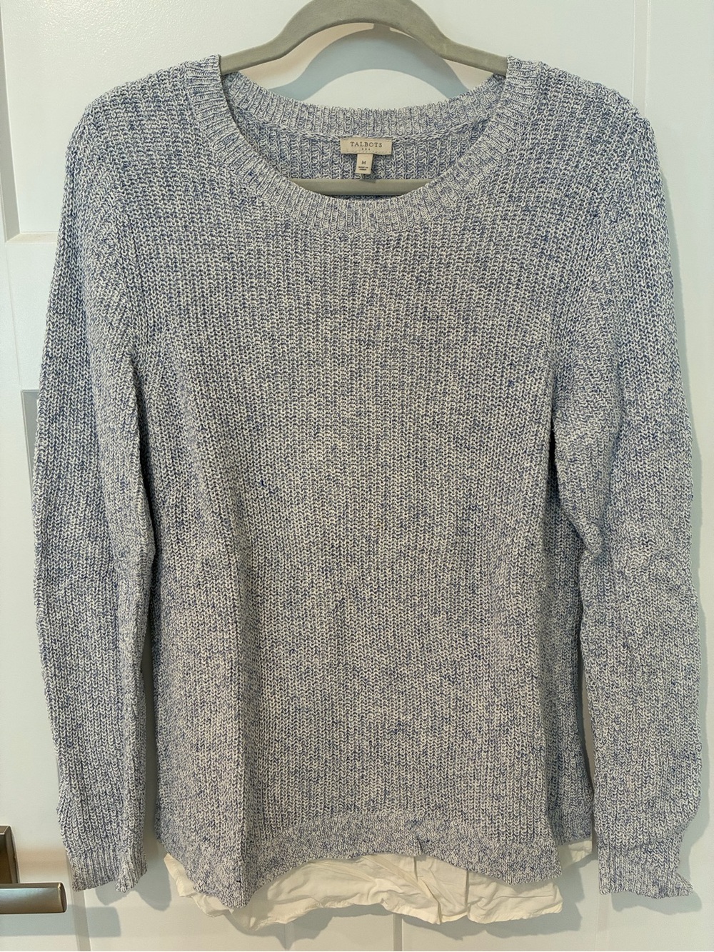 Talbots Heathered Light Blue Crewneck Sweater With Faux Blouse Trim